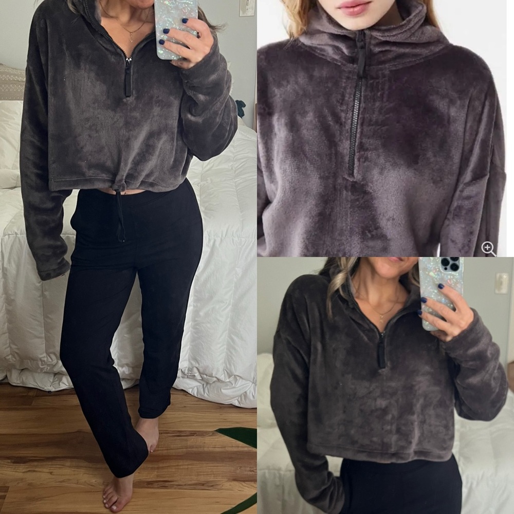 Urban Outfitters Angela Fleece cropped quarter half zip gray s uo
